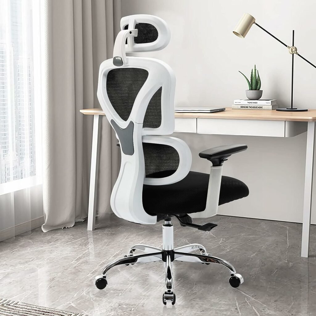 KERDOM Ergonomic Office Chair, Home Desk Chair, Comfy Breathable Mesh Task Chair, High Back Thick Cushion Computer Chair with Headrest and 3D Armrests, Adjustable Height Home Gaming Chair S-White