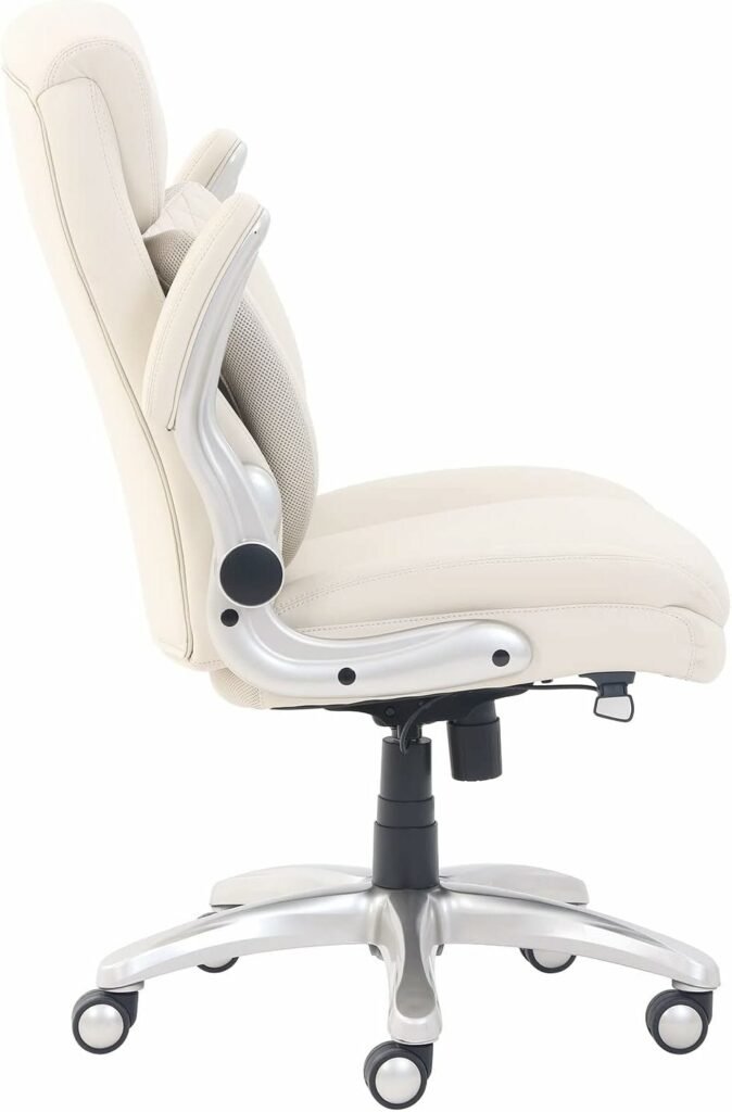 AmazonCommercial Ergonomic Executive Office Desk Chair with Flip-up Armrests and Adjustable Height, Tilt and Lumbar Support, Cream Bonded Leather, 29.5D x 28W x 43H AmazonCommercial Ergonomic Executive Office Desk Chair with Flip-up Armrests and Adjustable Height, Tilt and Lumbar Support, Cream Bonded Leather, 29.5D x 28W x 43H