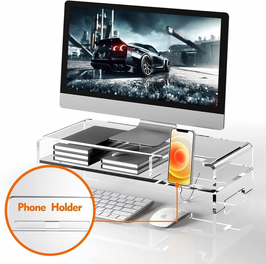 BEYGORM Acrylic Monitor Stand Riser, Wide 20, 2 Tier Computer with Storage, Desk Organizer Desktop Printer Laptop Storage Shelf Screen Holder Phone Holder(Clear) BEYGORM Acrylic Monitor Stand Riser, Wide 20, 2 Tier Computer with Storage, Desk Organizer Desktop Printer Laptop Storage Shelf Screen Holder Phone Holder(Clear)