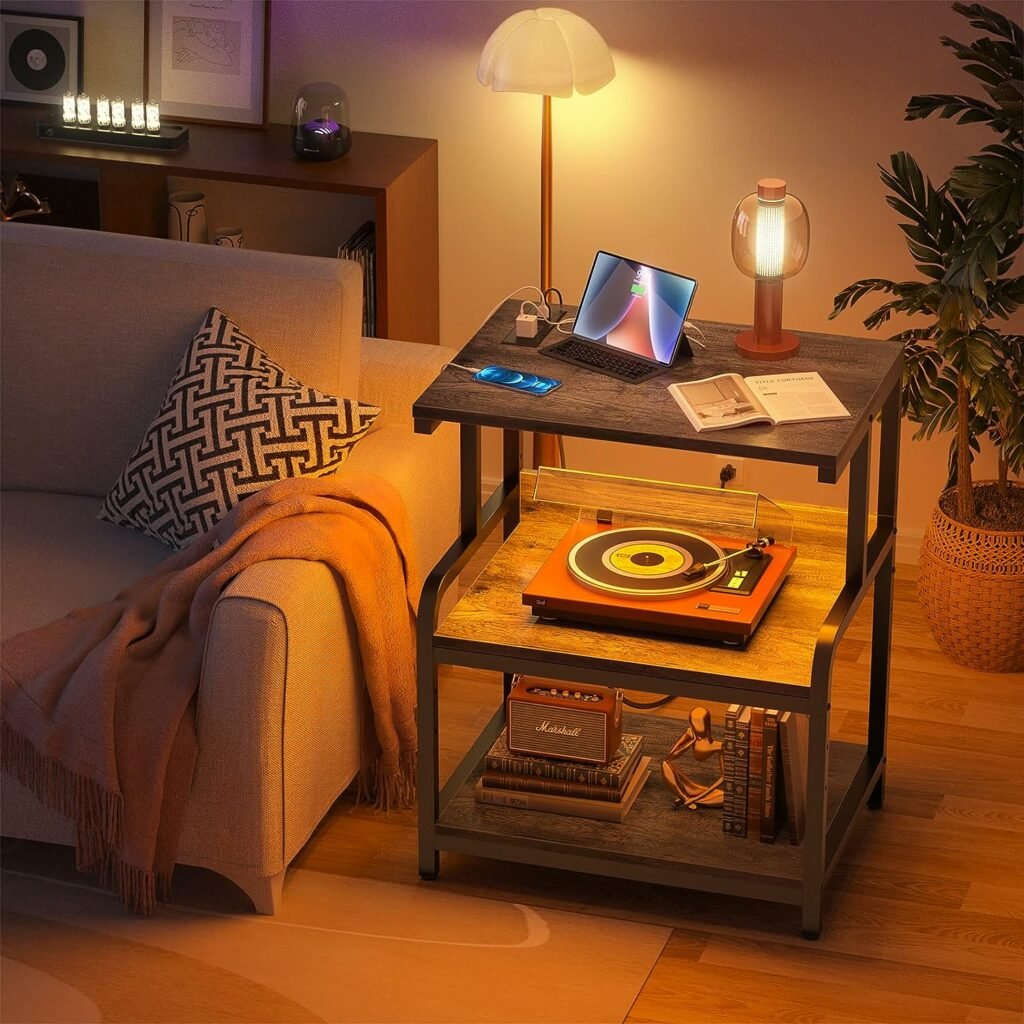 Homieasy Printer Stand with Charging Station and Led Lights, Large 3 Tier Rolling Printer Cart with Adjustable Storage Shelf, Printer Table with Wheels for Home Office, Black Oak Homieasy Printer Stand with Charging Station and Led Lights, Large 3 Tier Rolling Printer Cart with Adjustable Storage Shelf, Printer Table with Wheels for Home Office, Black Oak