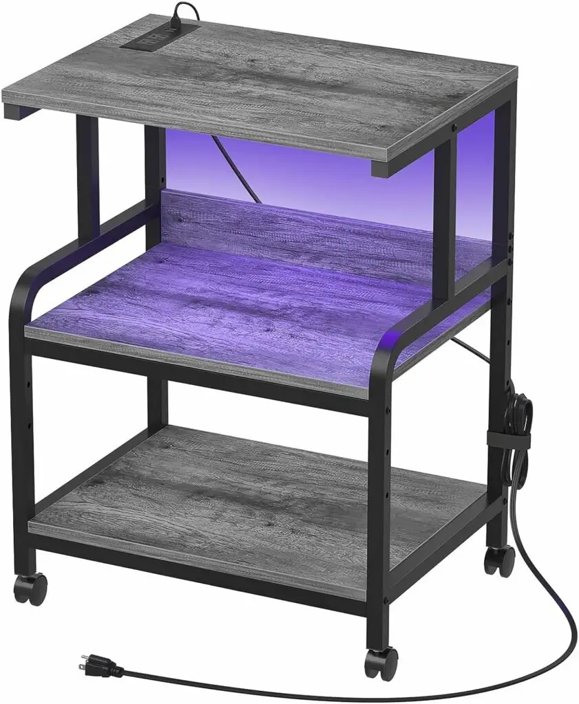 Homieasy Printer Stand with Charging Station and Led Lights, Large 3 Tier Rolling Printer Cart with Adjustable Storage Shelf, Printer Table with Wheels for Home Office, Black Oak Homieasy Printer Stand with Charging Station and Led Lights, Large 3 Tier Rolling Printer Cart with Adjustable Storage Shelf, Printer Table with Wheels for Home Office, Black Oak